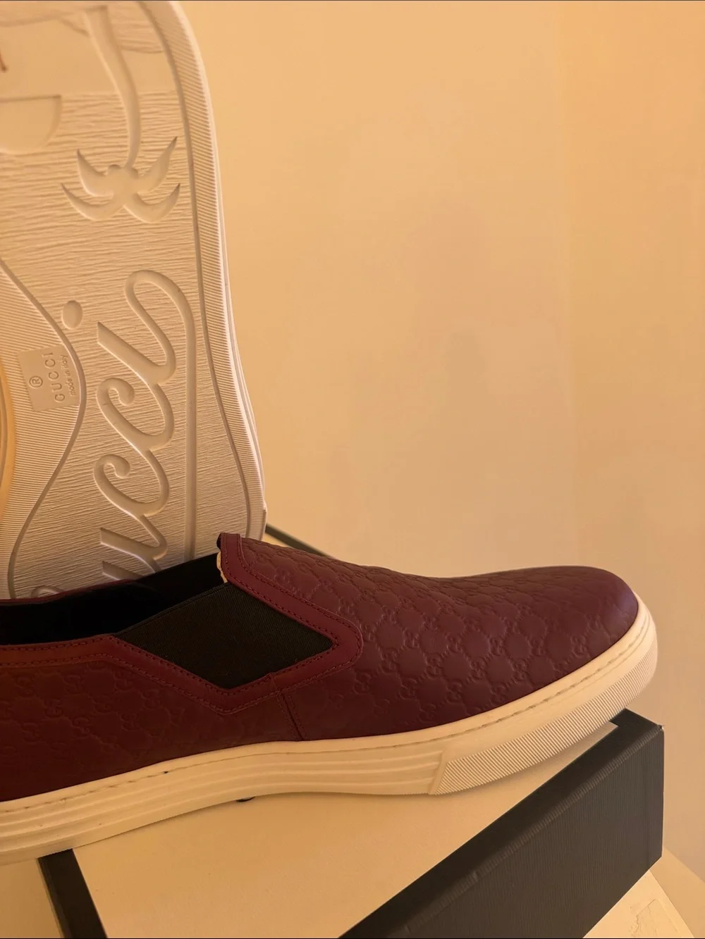 Gucci Men's Slip-On Loafer in Deep Red and White